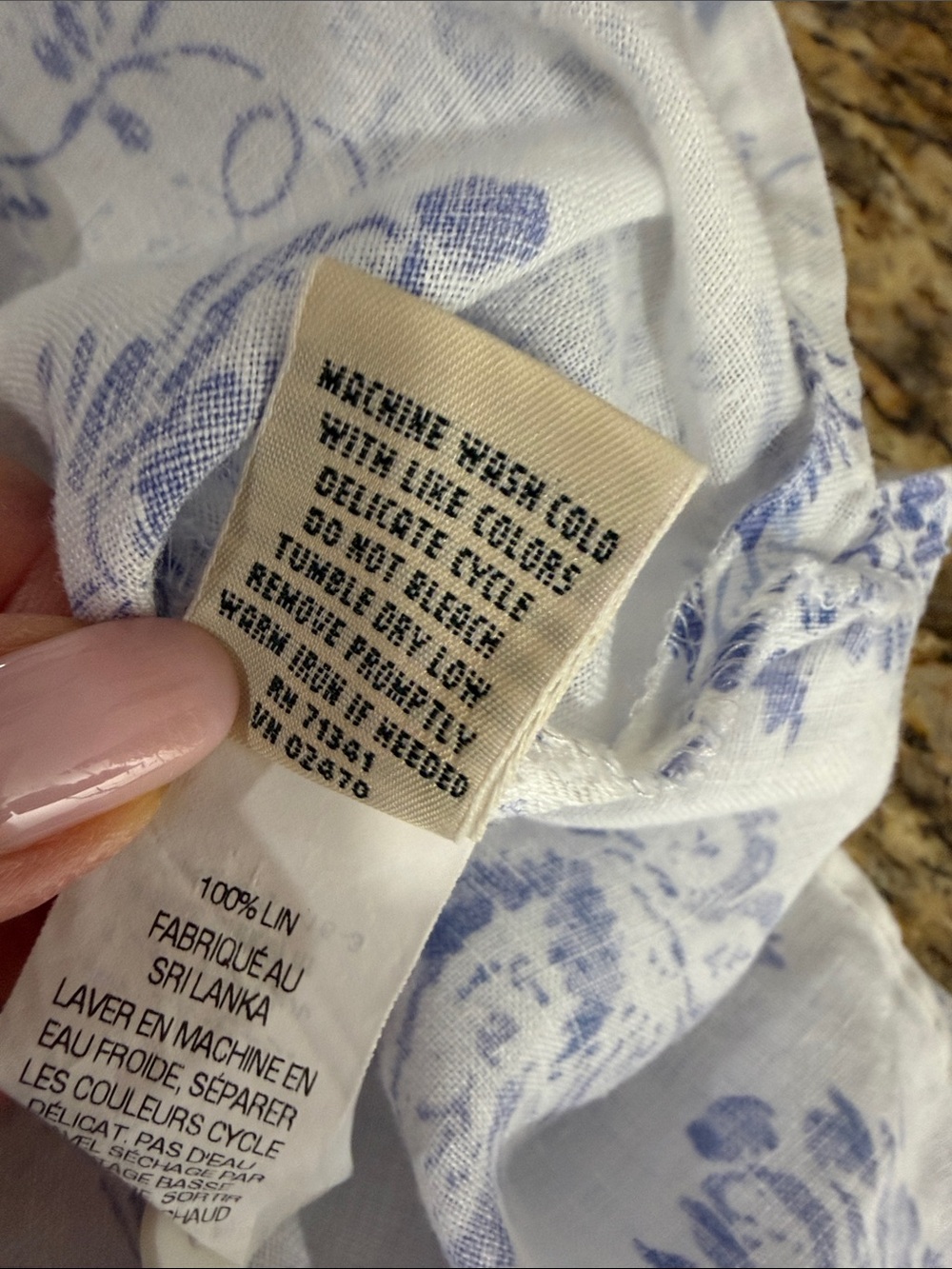 L.L.Bean 100% Linen Floral Button Front Blouse Blue White XL Mandarin Collar - Picture 8 of 12